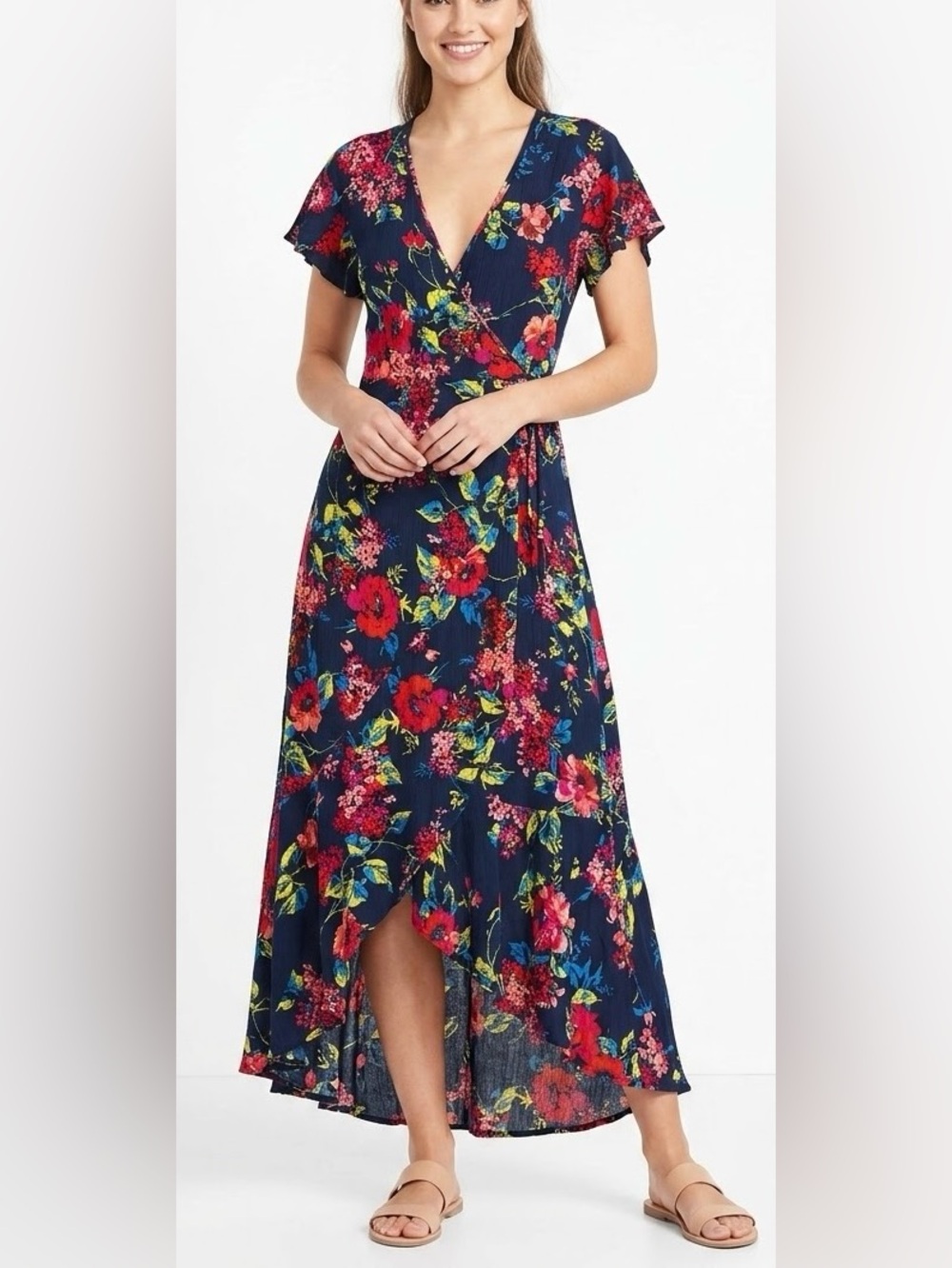 Band of Gypsies Navy Floral High-Low Wrap Maxi Dress